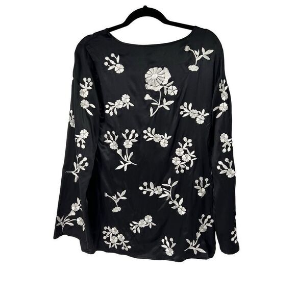 Spiegel Black White Floral Embroidered 100% Silk Tunic Top - Picture 2 of 7
